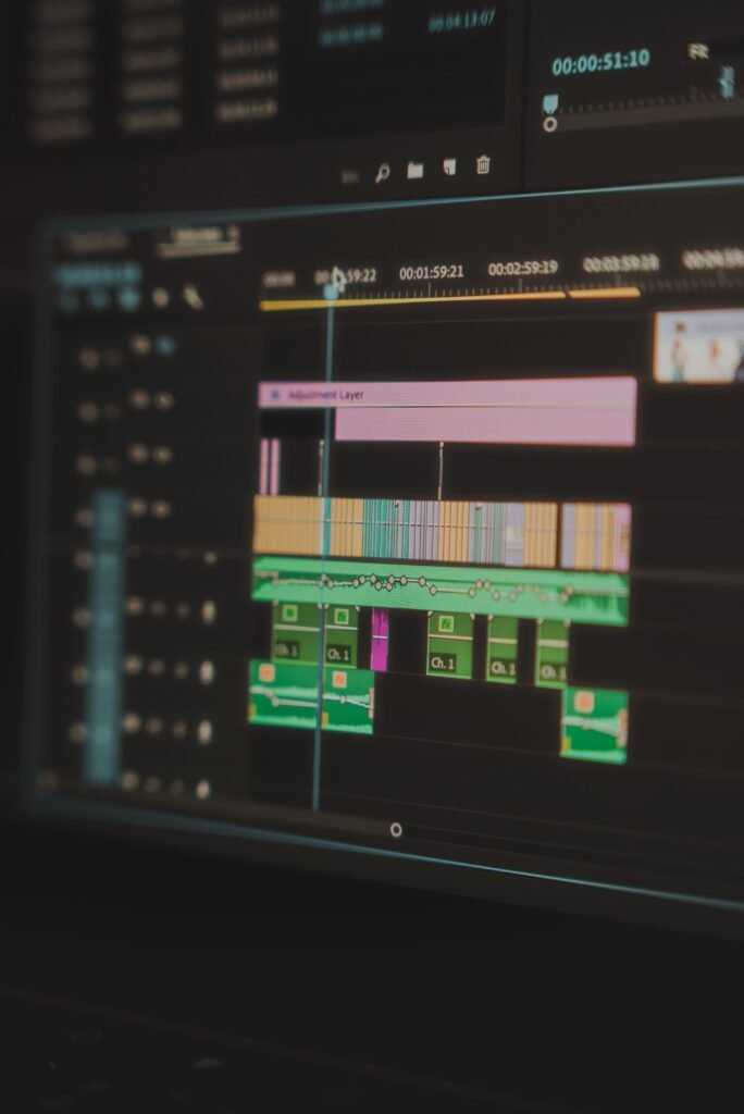 pexels-photo-11553189-11553189 Detailed view of a video editing timeline displayed on a computer screen, highlighting the tools used in video production.